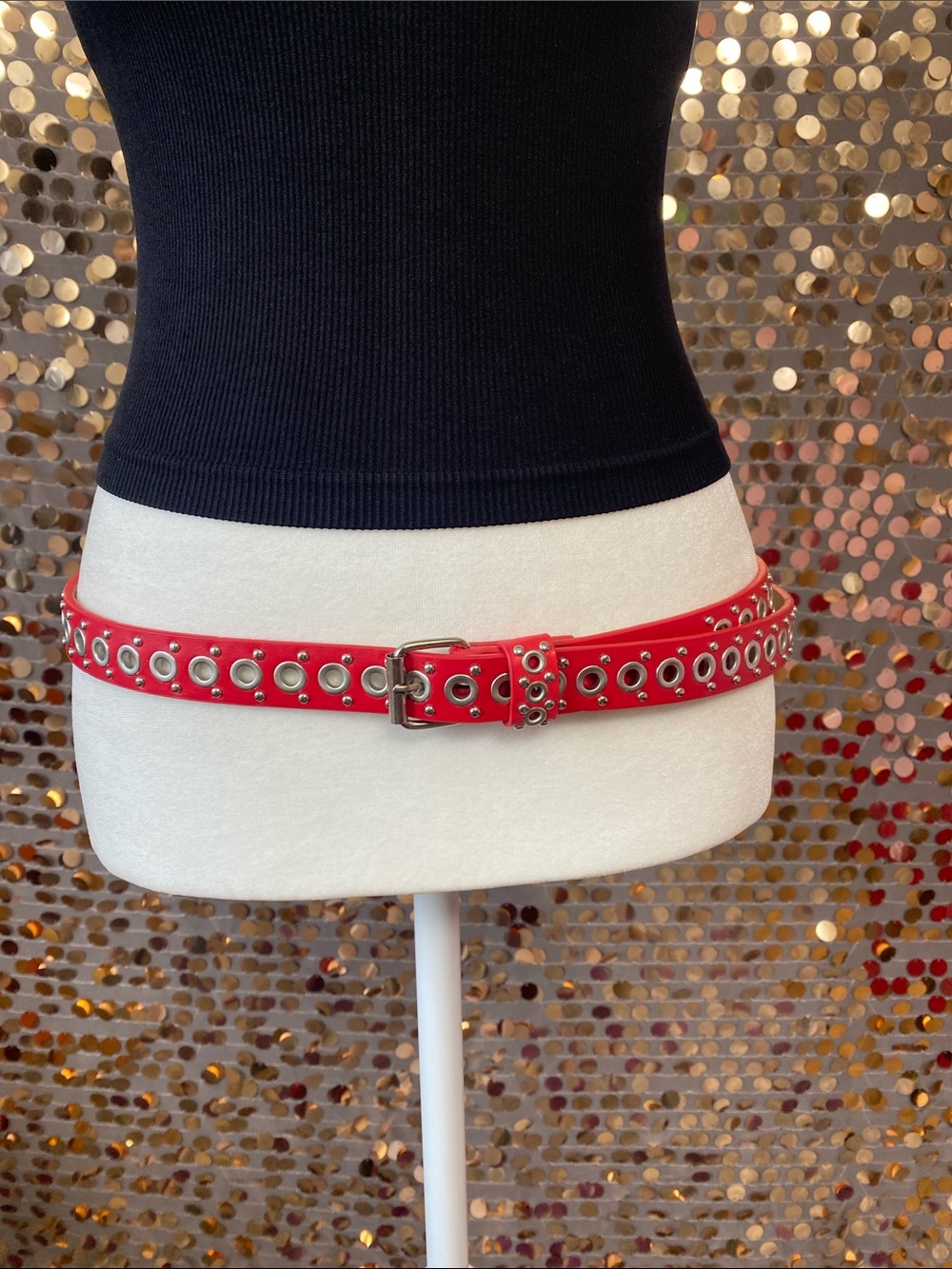 Red studded belt with silver accents #423